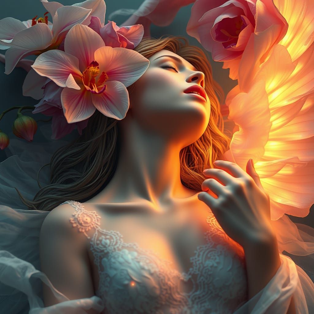 Hyperrealistic Madonna in Flowing Energy and Flowers