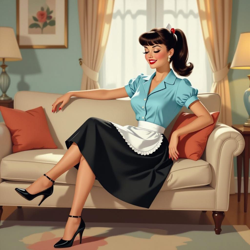 Playful 1950s Housewife Illustration in Retro Style