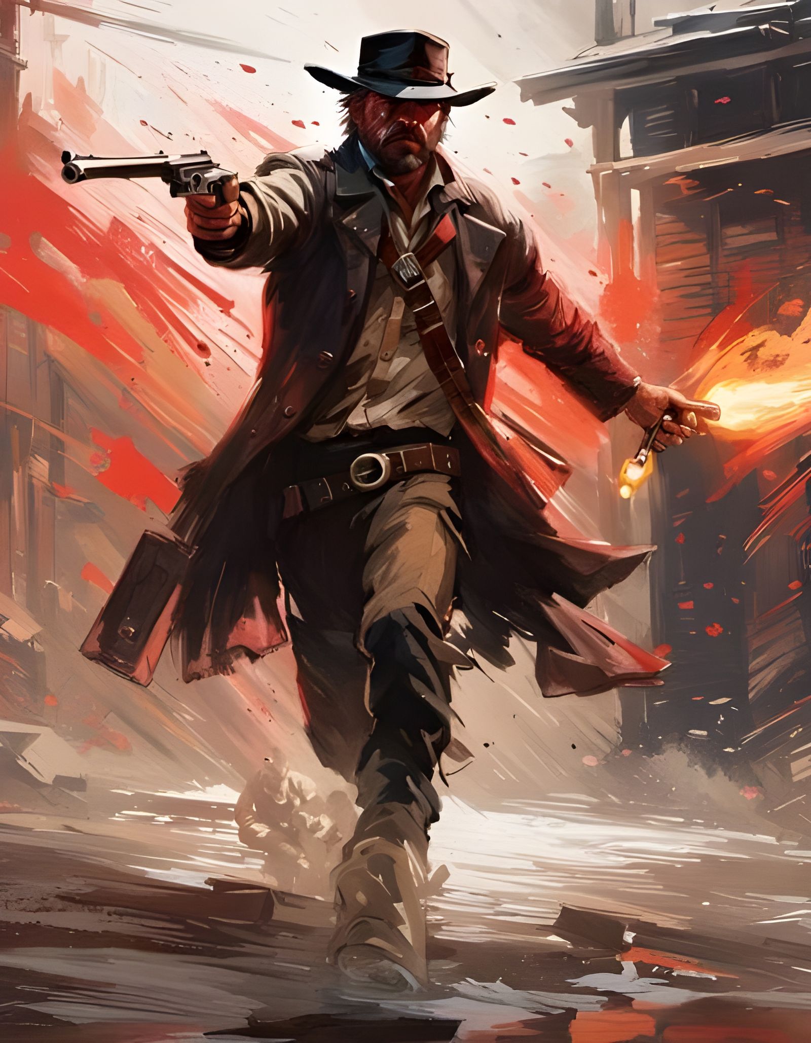 Dynamic Outlaw Shootout in Fantasy Cinematic Style