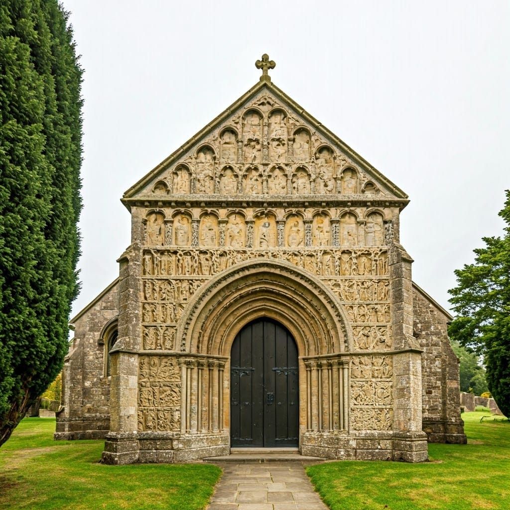 Romanesque Church with Intricate Carvings in Soft Light