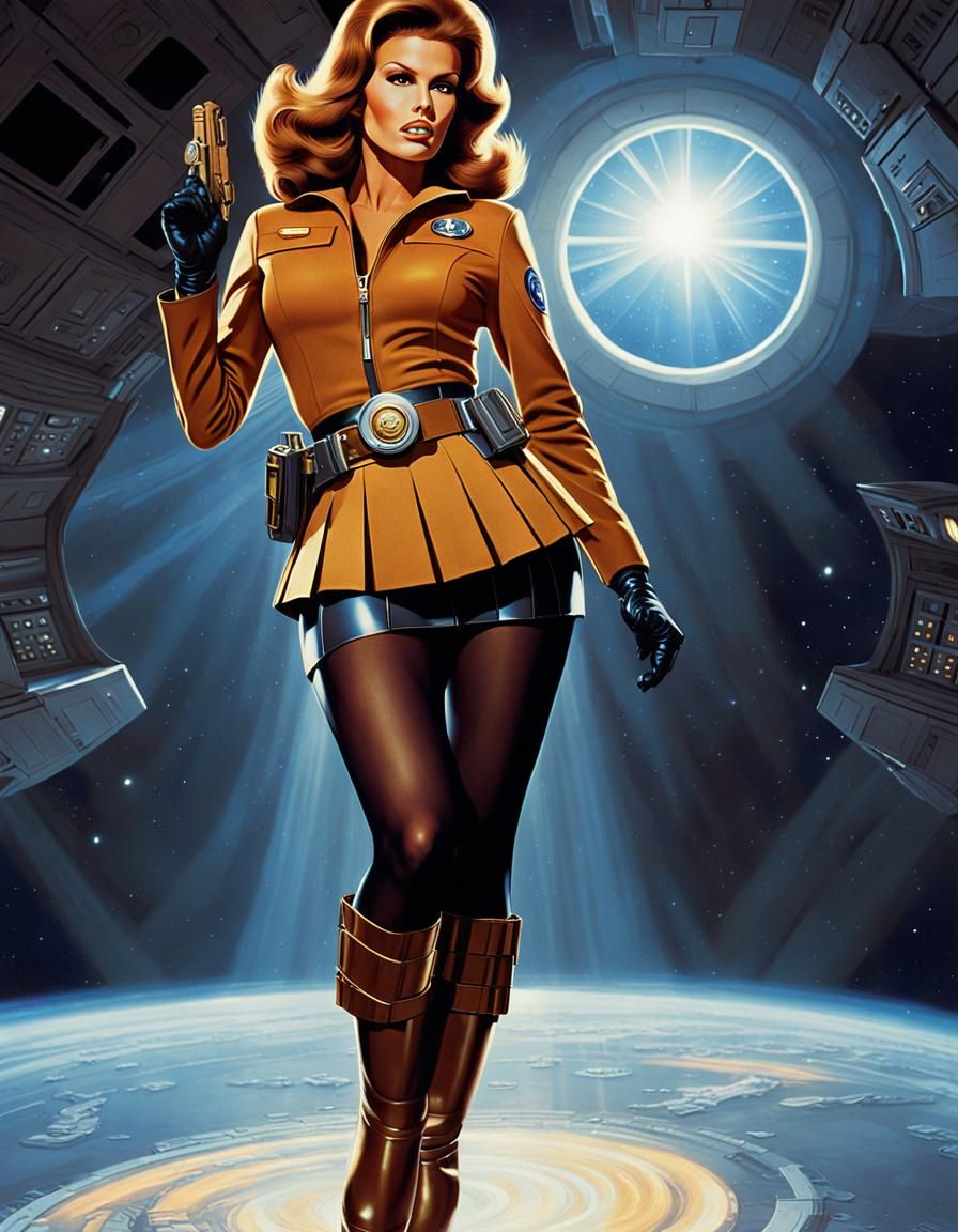 Retro Sci-Fi Pinup in Spaceship Interior