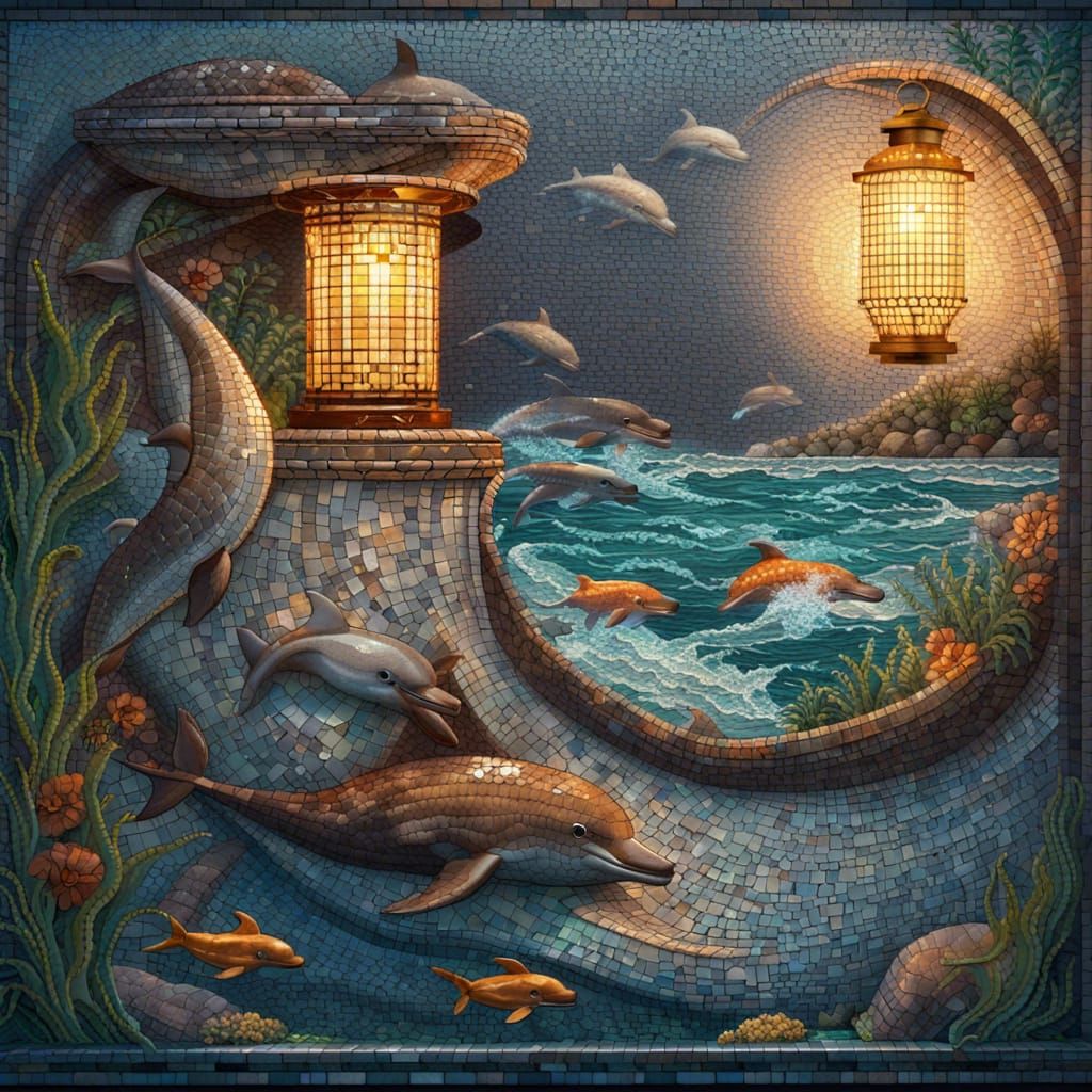 Vibrant Mosaic of Dolphins and Mermaids