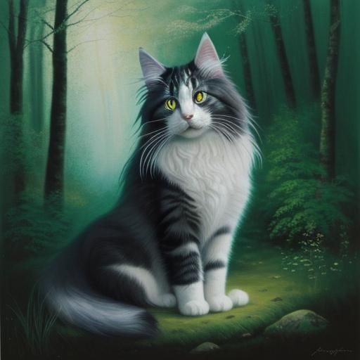 Norwegian Forest Cat Gouache Painting with Sparkling Eyes