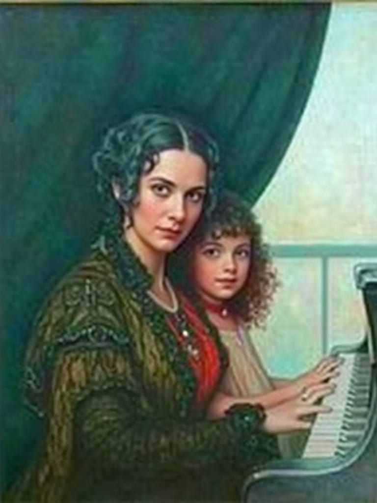 Mother and Child in Victorian Piano Lesson