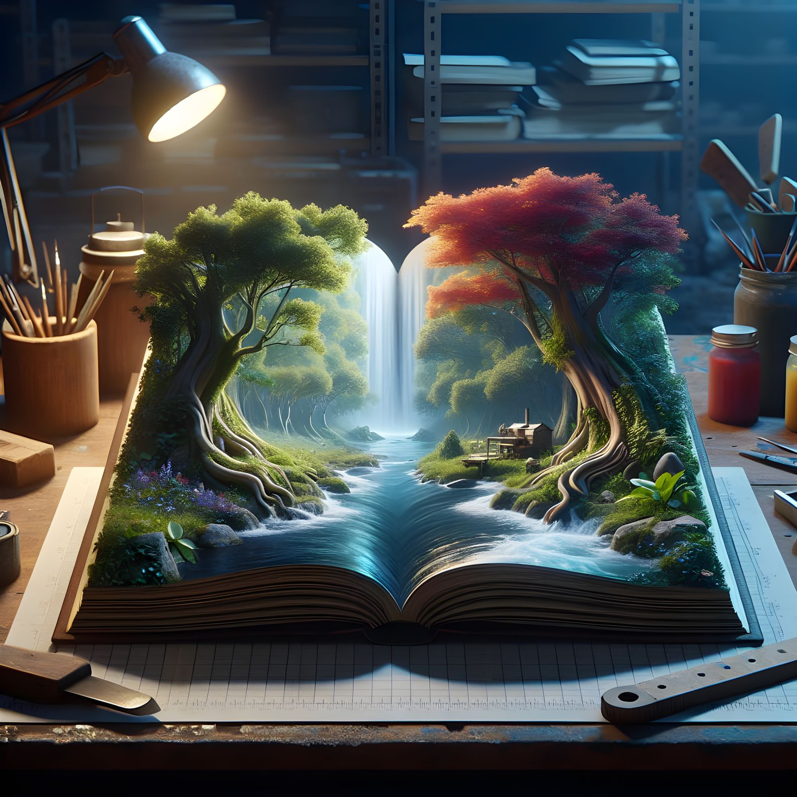 Surreal Forest Book on Workbench: Hyperrealistic Fantasy Art