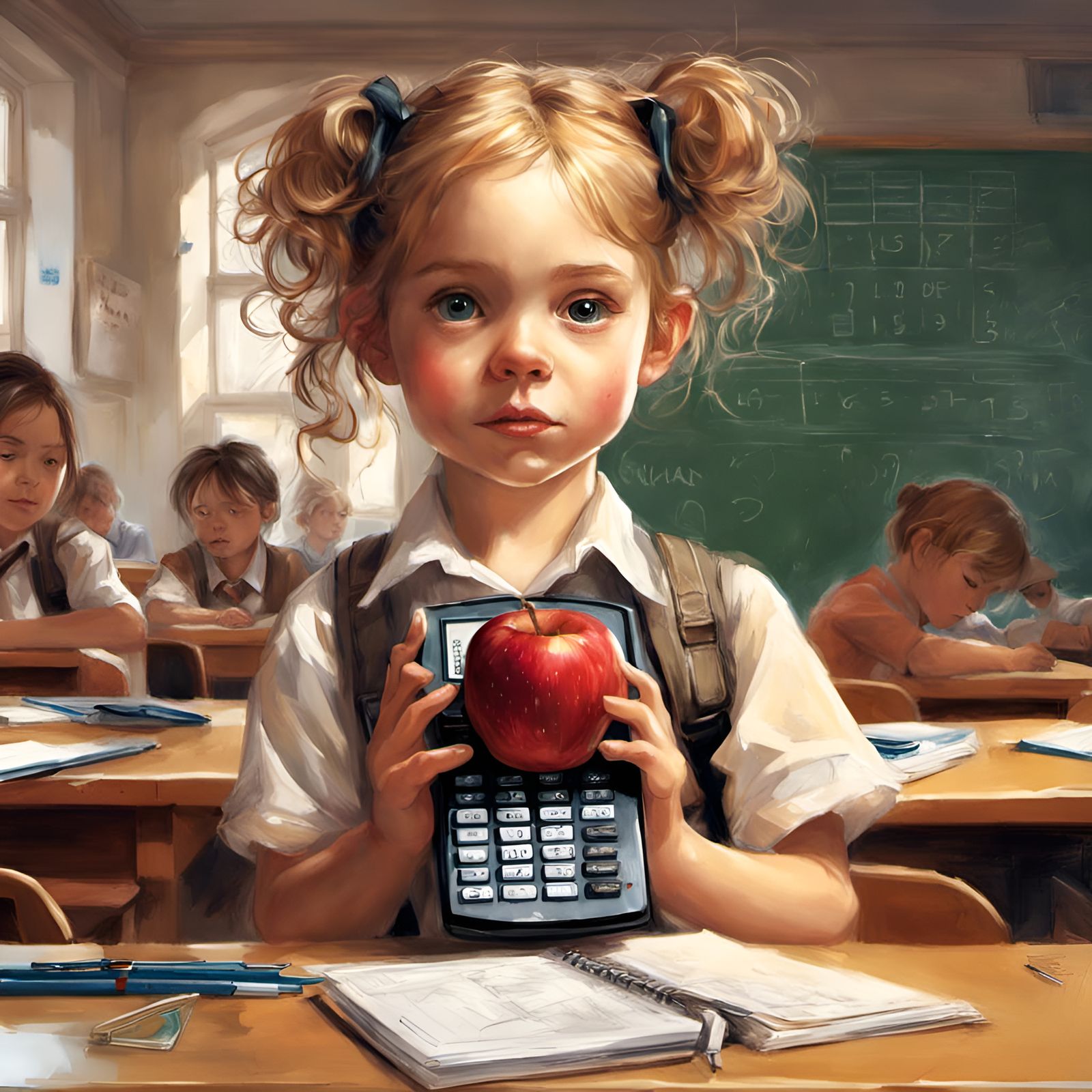 Adorable Apple Student in Classroom Illustration