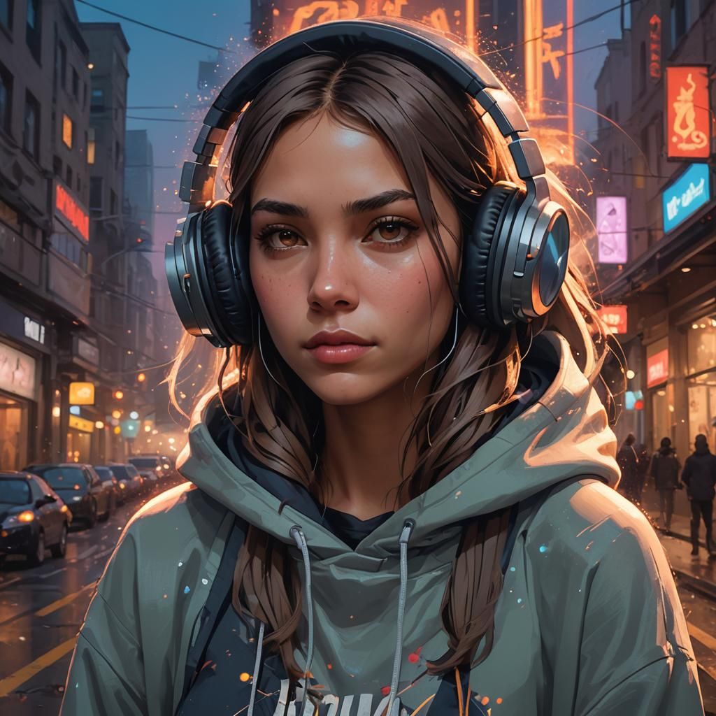 Girl Listening to Music: Hyperdetailed Digital Art