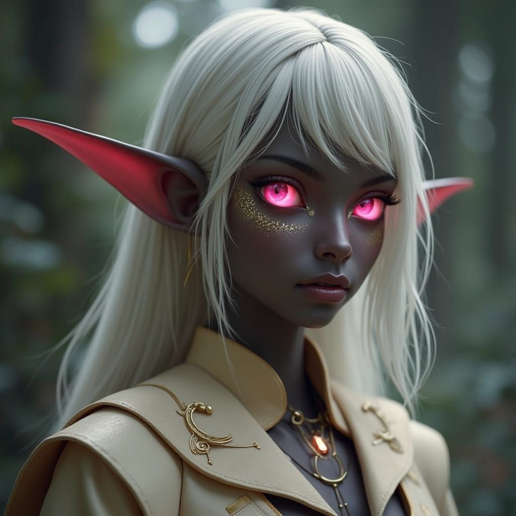 Black Elf Portrait With White Hair And Pink Eyes In Art Nouv...