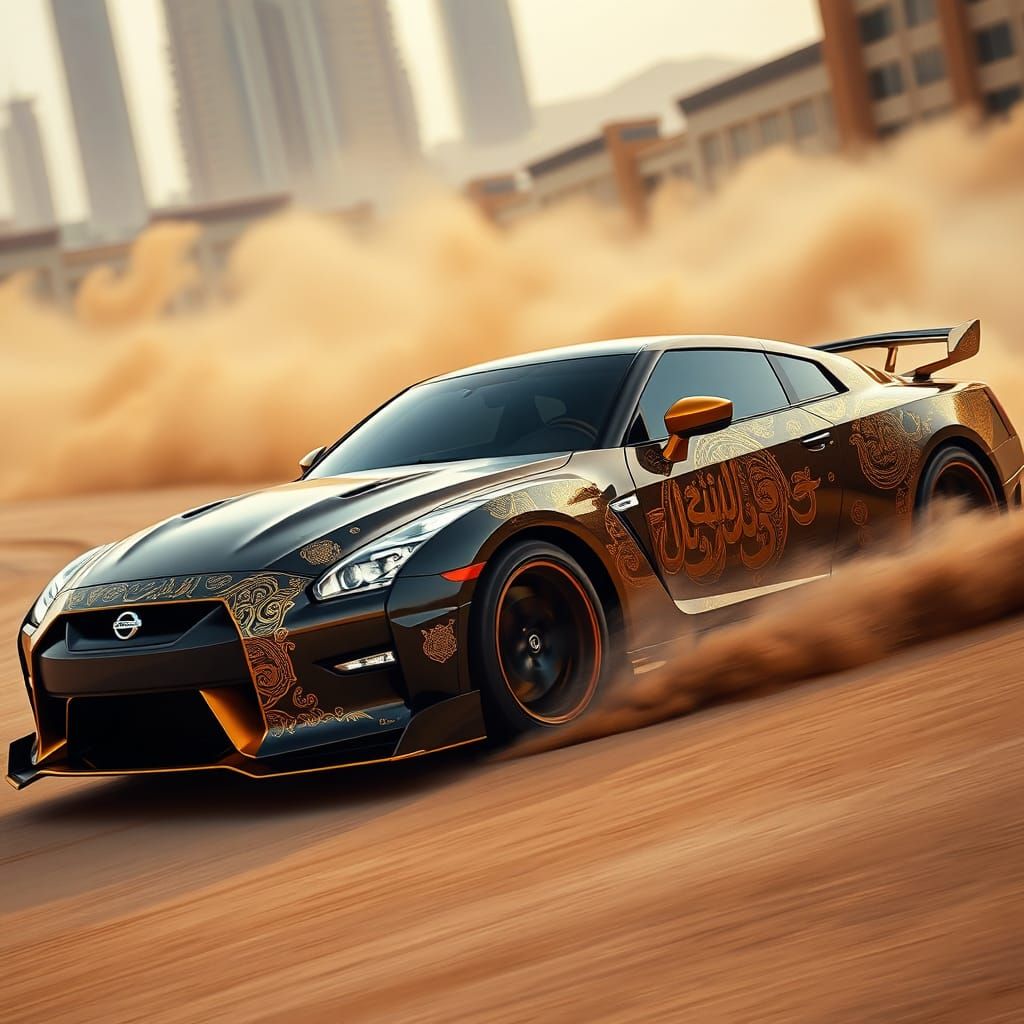 Nissan Drifting in Dubai with Arabic Calligraphy
