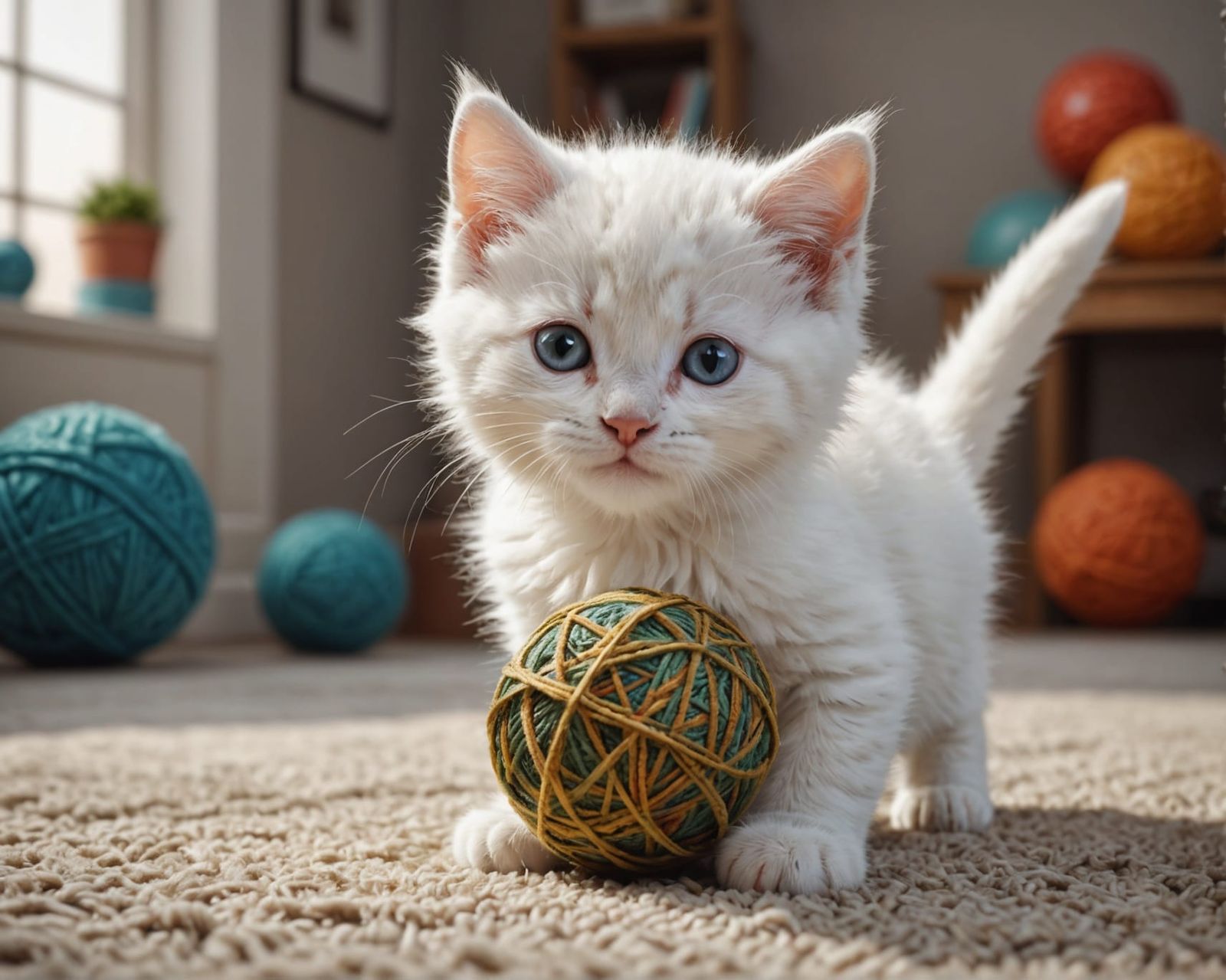 Cute White Kitten Plays: Hyperrealistic 3D Rendering