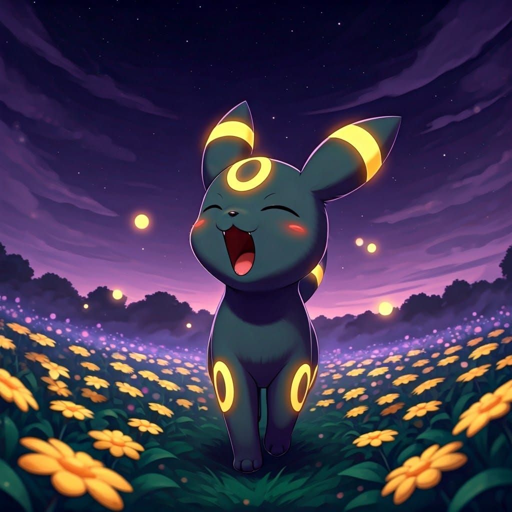 Chibi Umbreon in a Dreamy Nighttime Field