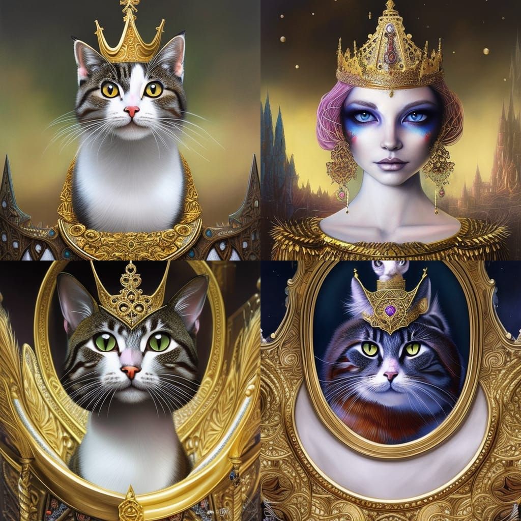 Cute Cat King on Throne, Detailed Line Art