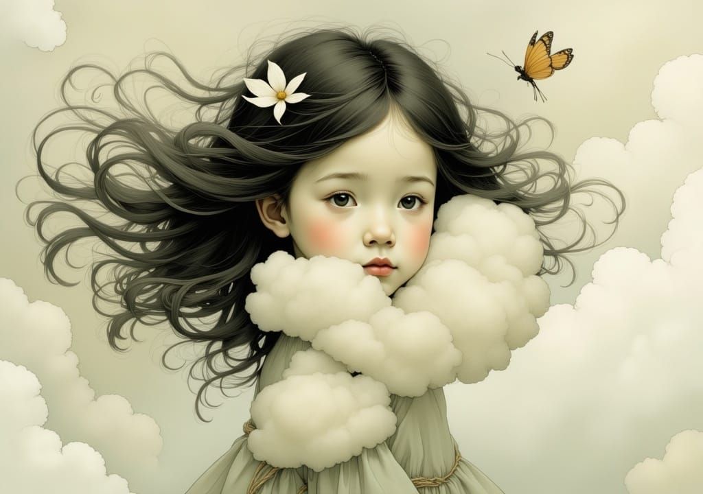 Dreamlike Girl in Ethereal Cloudscape