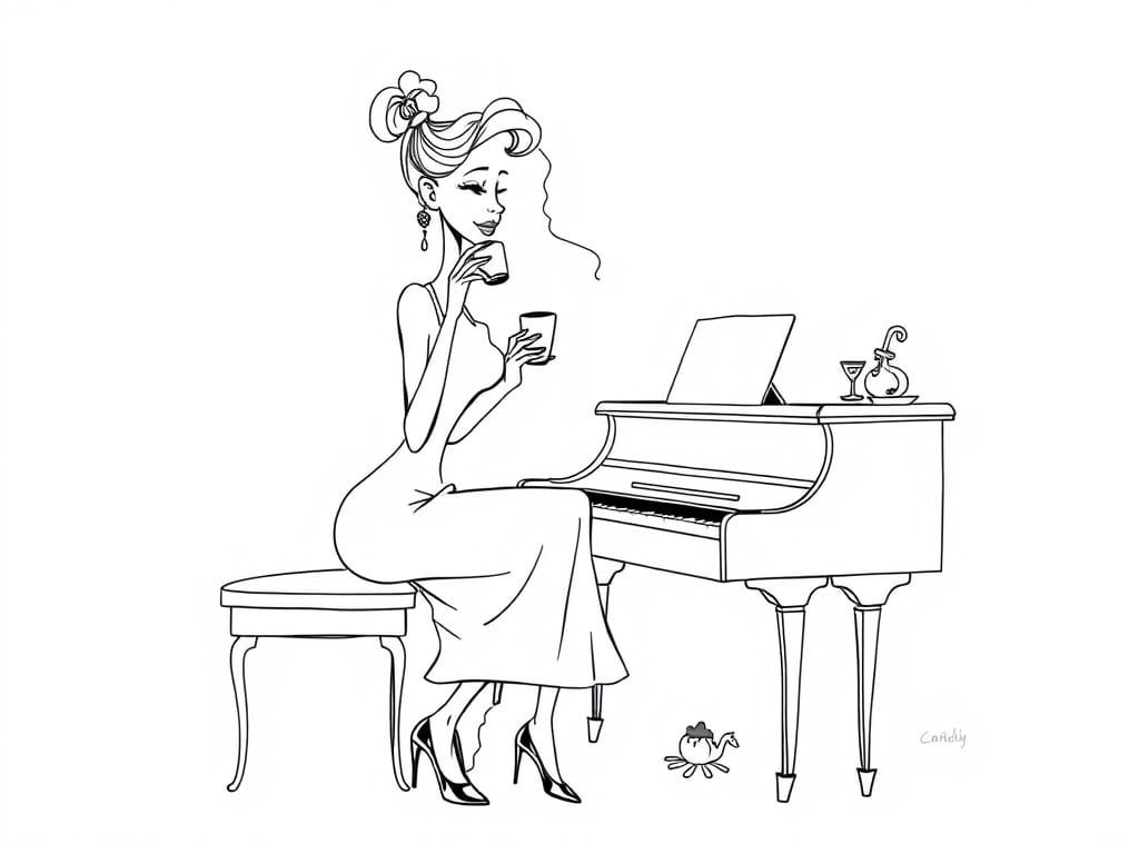 Elegant Line Drawing of a Pianist in a Whimsical Al Hirschfe...