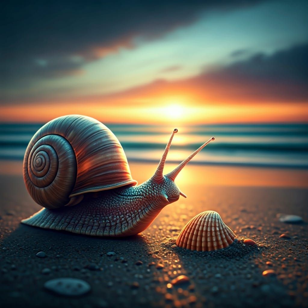 Fascinated Snail Gazing at Seashell on Beach