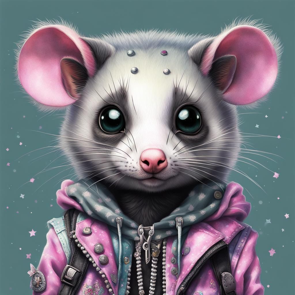Pastel Goth Opossum Portrait in Mixed Media Collage