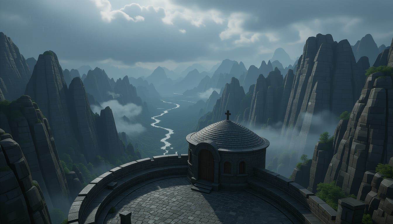 Dark Fantasy Valley with Ancient Building