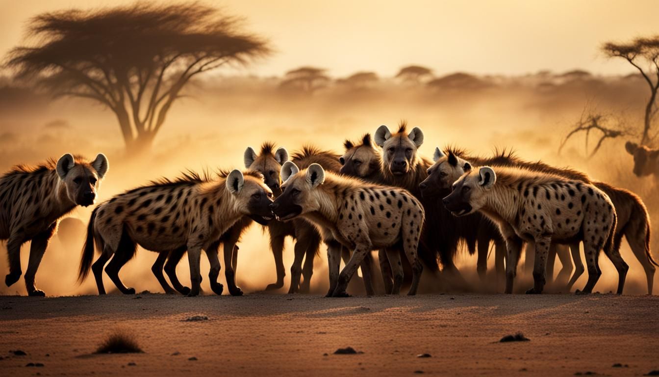 Hyena Pack Encircling Wildebeest at Dawn