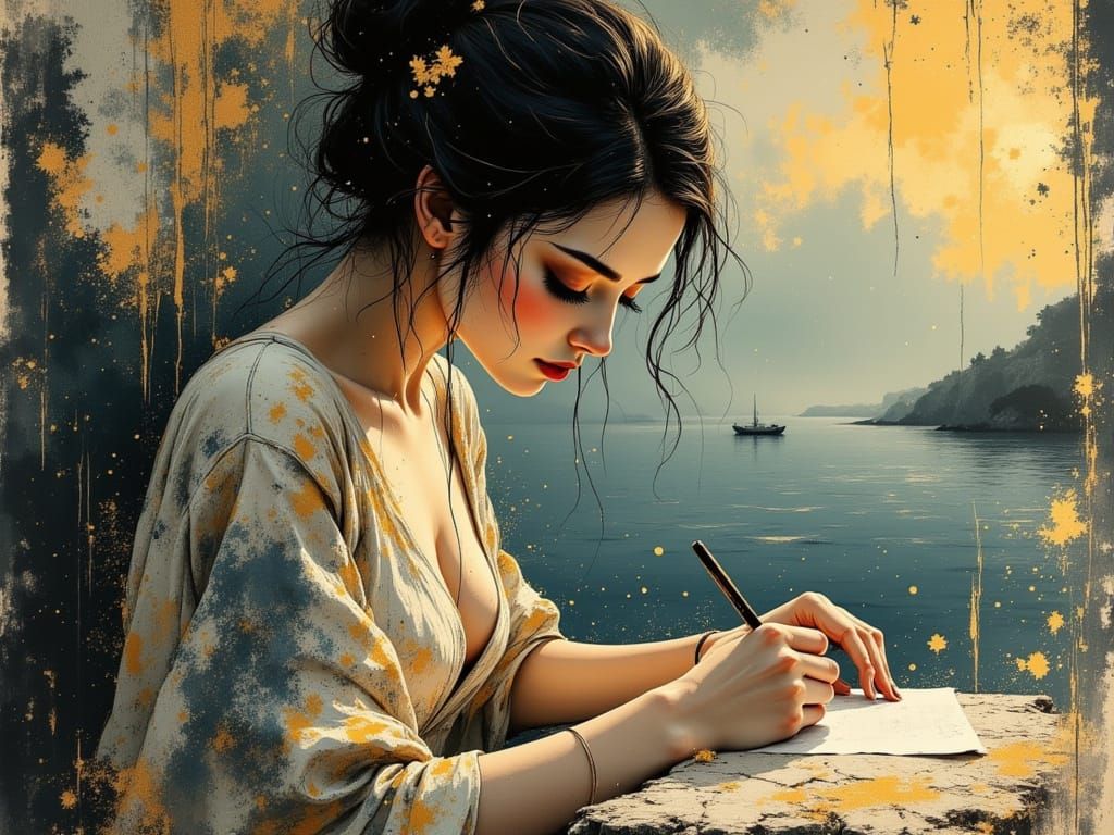 Woman Writing Letter in Hyperrealistic Digital Painting
