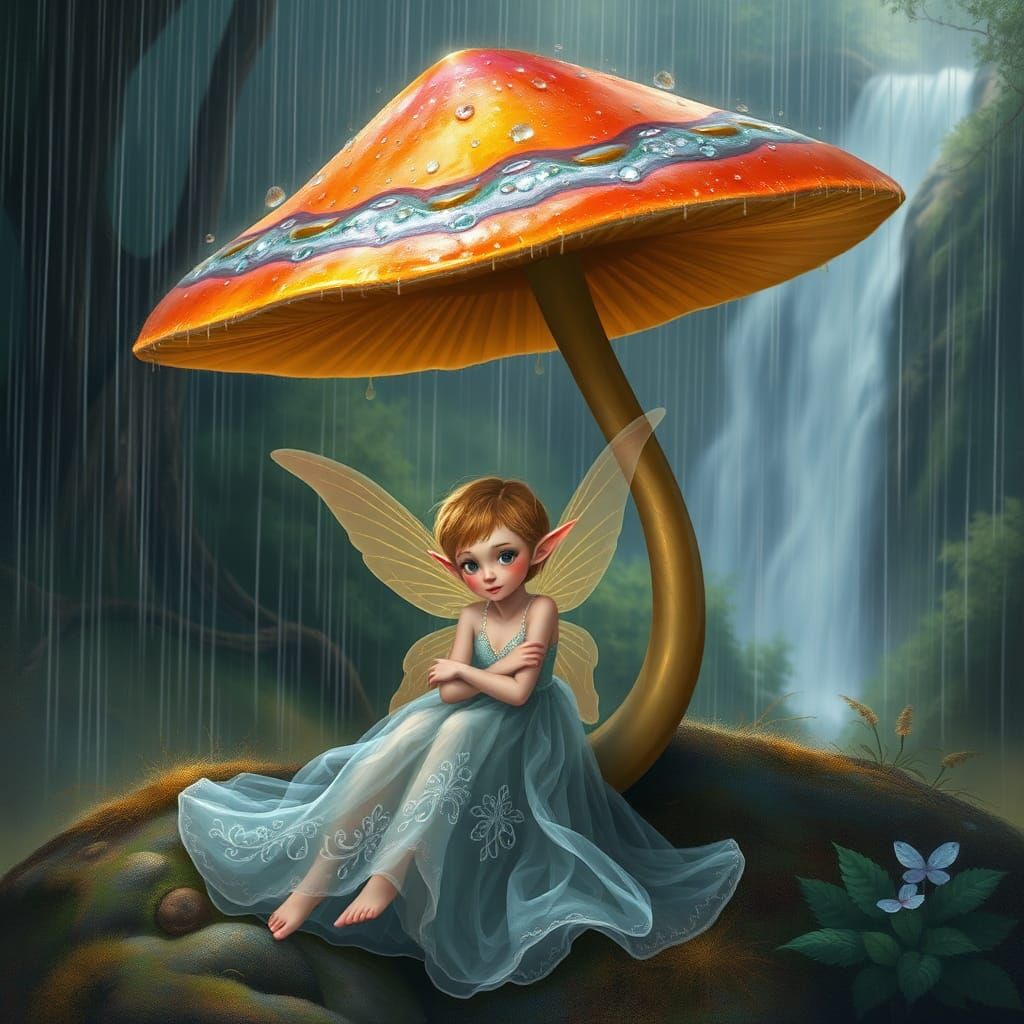 Enchanting Fairy Under Mushroom in Rainy Gurney-esque Landsc...
