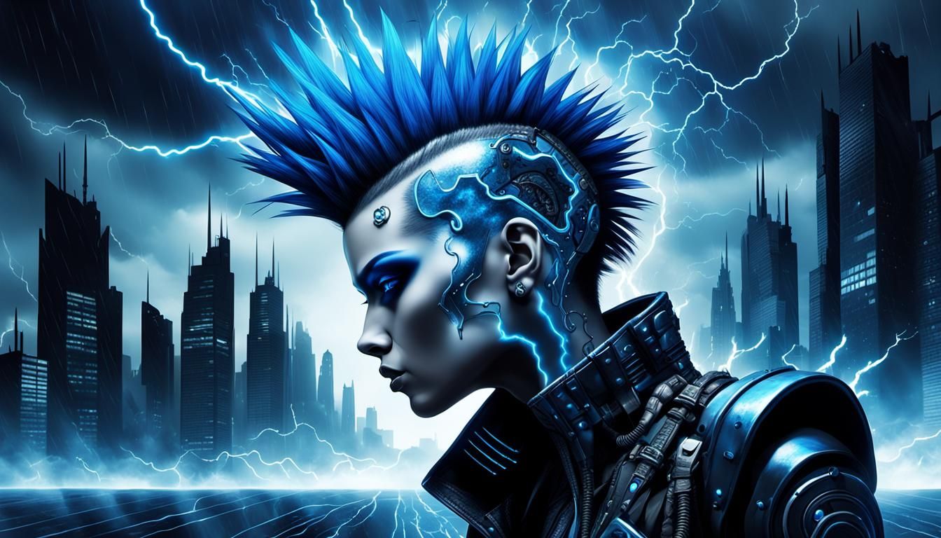Cyberpunk Woman in Dystopian City with Lightning