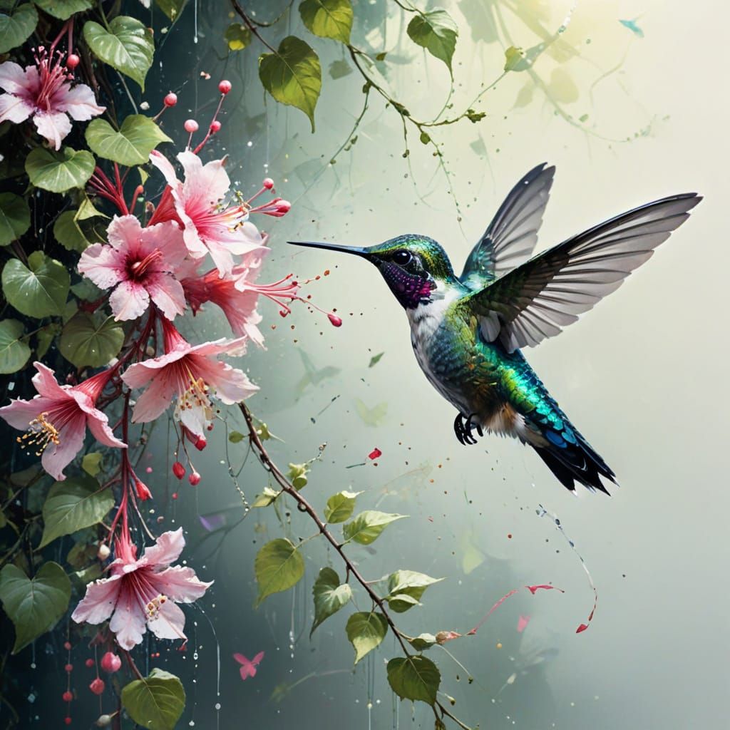 Surreal Hummingbird Soars Beside Blossoming Vine in Whimsica...