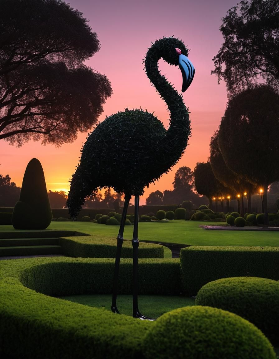 Steampunk Goth Lawn Flamingo Topiary at Sunset