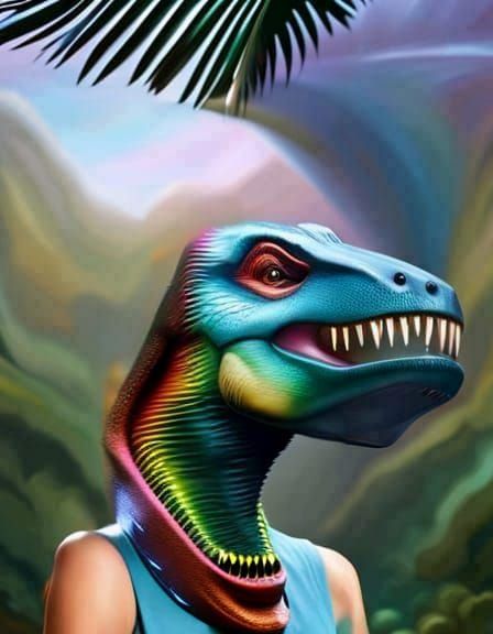 Hyperrealistic T-Rex Masked Woman at Party