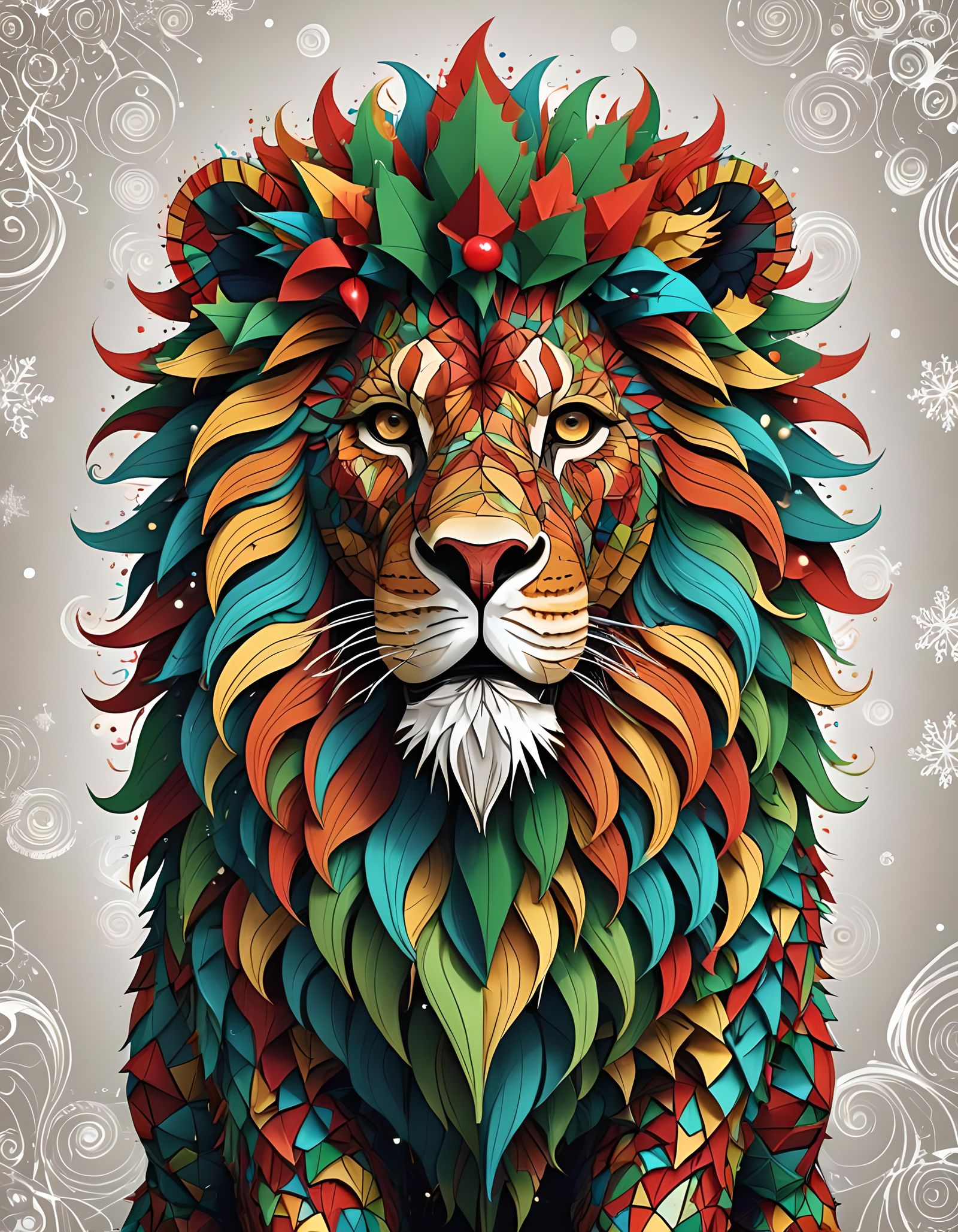 anthropomorphic Image of a lion wearing a Christmas elf suit...