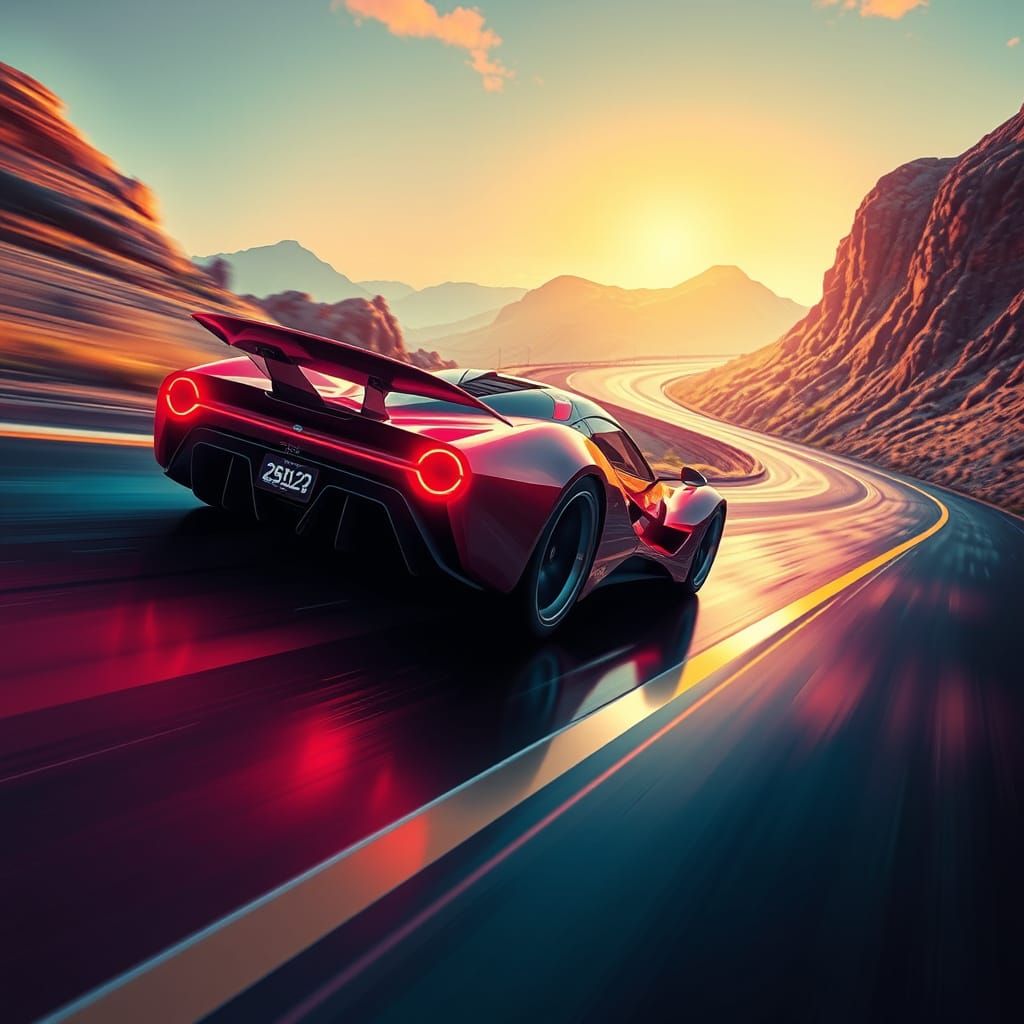 Futuristic Dream Car Speeds Down Winding Road in Neon Lights