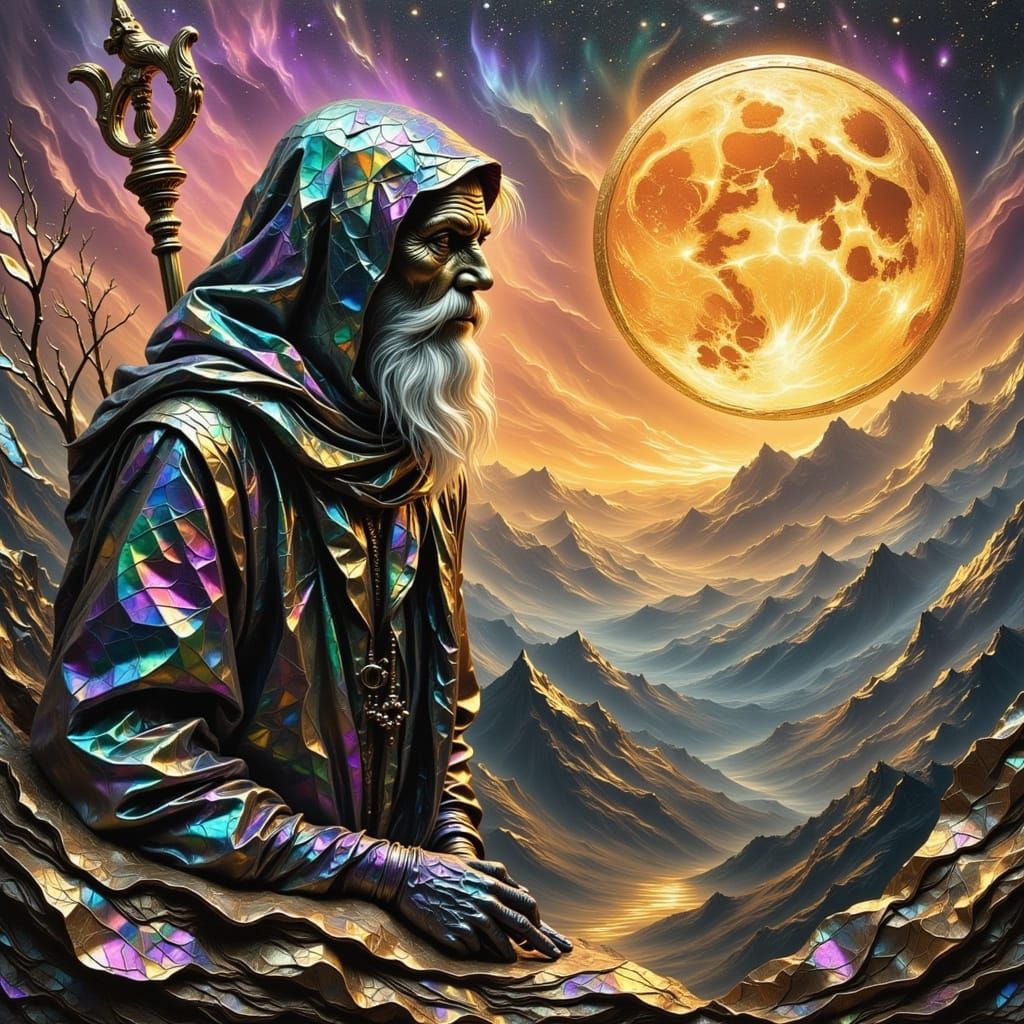 Wizard on Pink Gold Hill Under Blood Moon