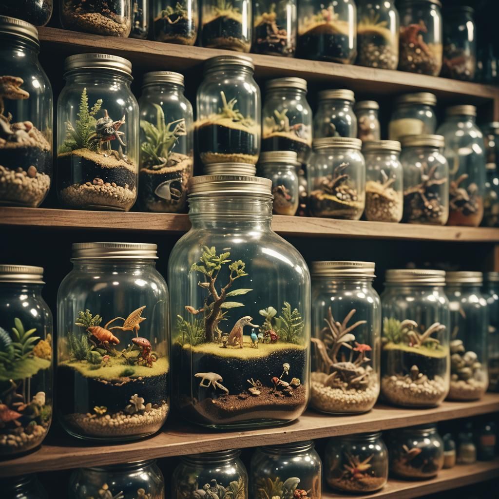 Miniature Worlds in Jars: Cinematic Film Still