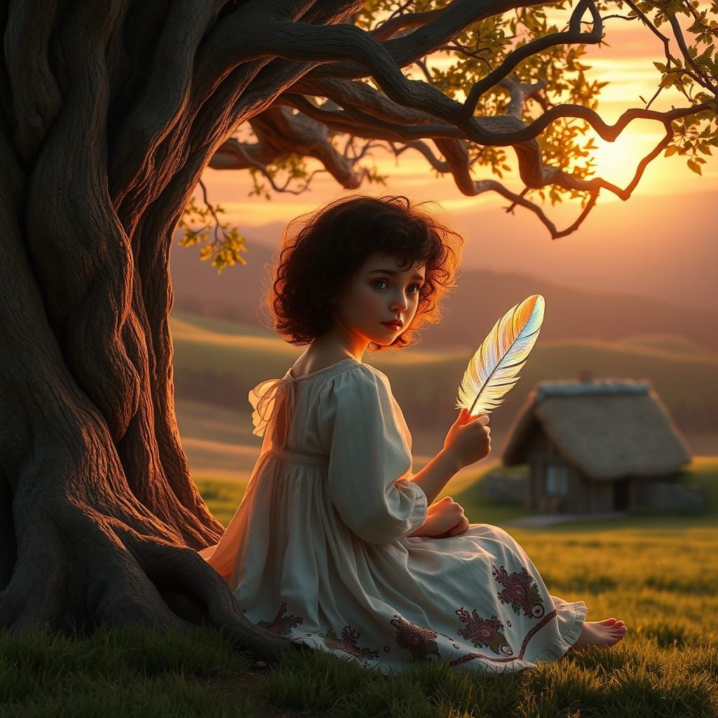 Whimsical Girl Under Ancient Tree at Sunset
