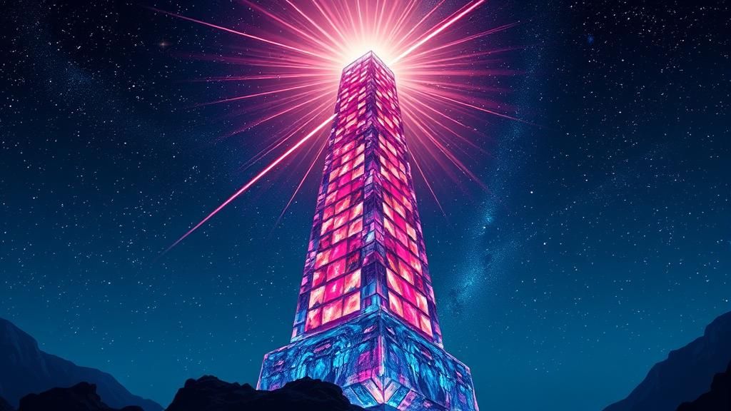 Pixelated Crystal Tower Radiates Under Starry Sky