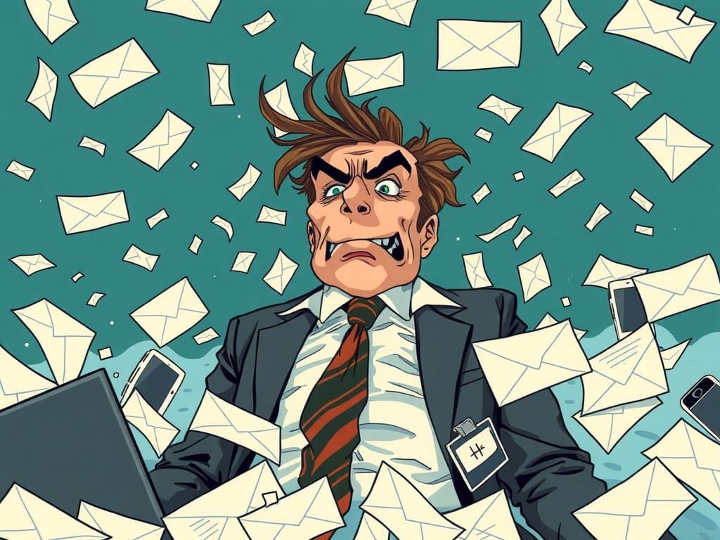 Worker Drowns in Sea of Emails in Whimsical Surrealist Scene