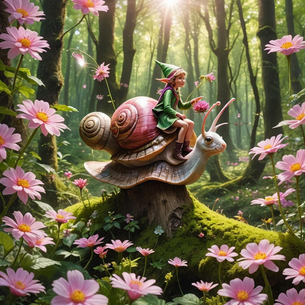 Elf Rides Snail Through Pink Flower Forest