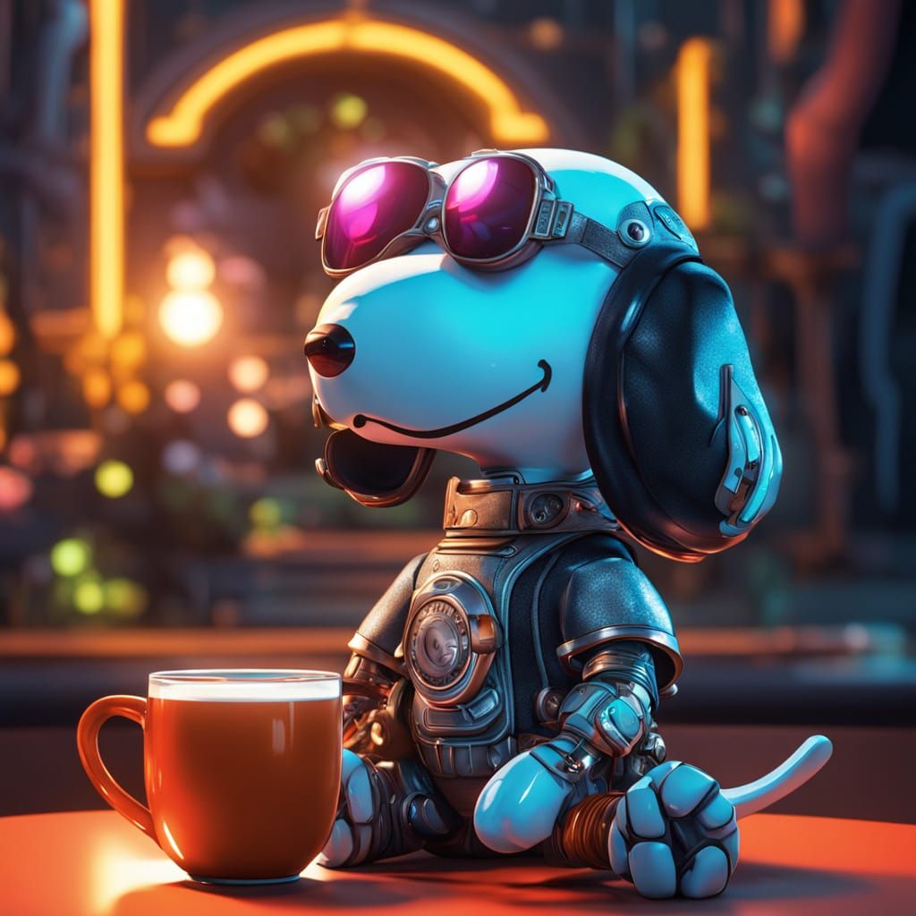 Steampunk Android Snoopy in Cyberpunk Neon Garden