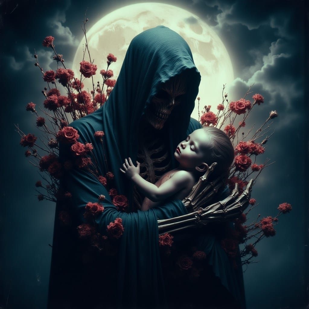 Ethereal Skeleton Cradles Cherub in Bloom