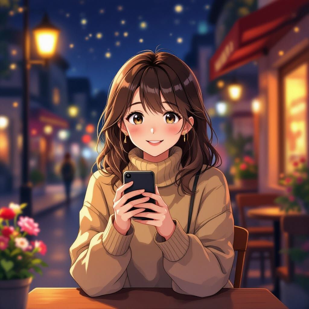 Anime Woman at Night Cafe in Makoto Shinkai Style