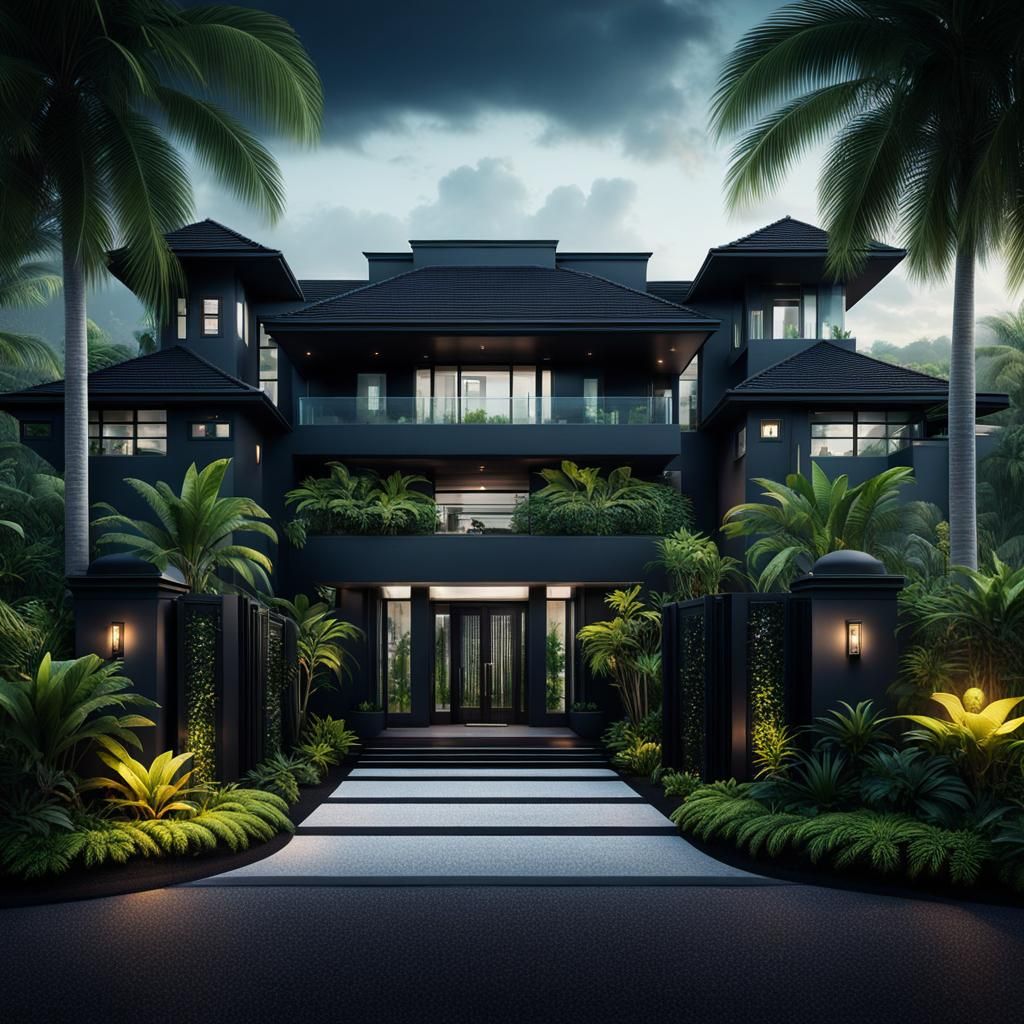 A one level modern black mansion with lush tropical landscap...