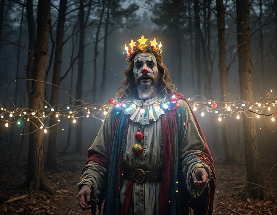 Surreal Forest Clown with Christmas Light Crown