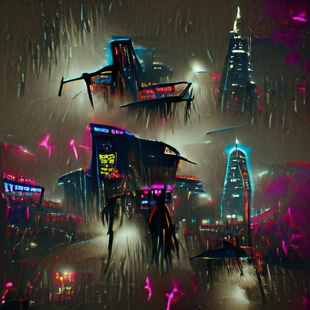 Neon Cityscape in Rainy Cyberpunk Style