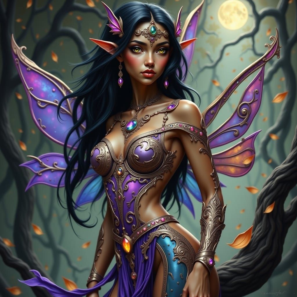 Ethereal Fae in Cyberpunk Futurism, with Iridescent Metallic...