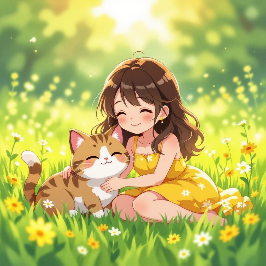 Chibi Cat and Owner Relaxing in Sunny Meadow