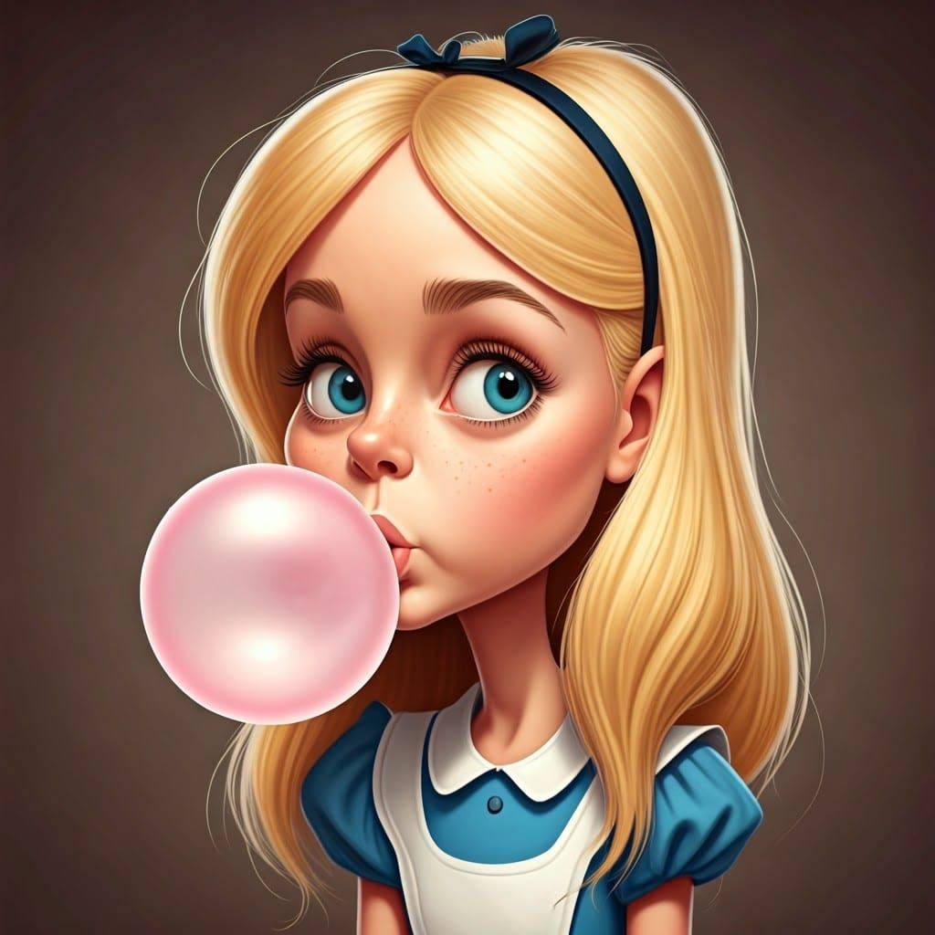 Alice Blowing Bubble Gum: Funny Caricature in Volumetric Lig...