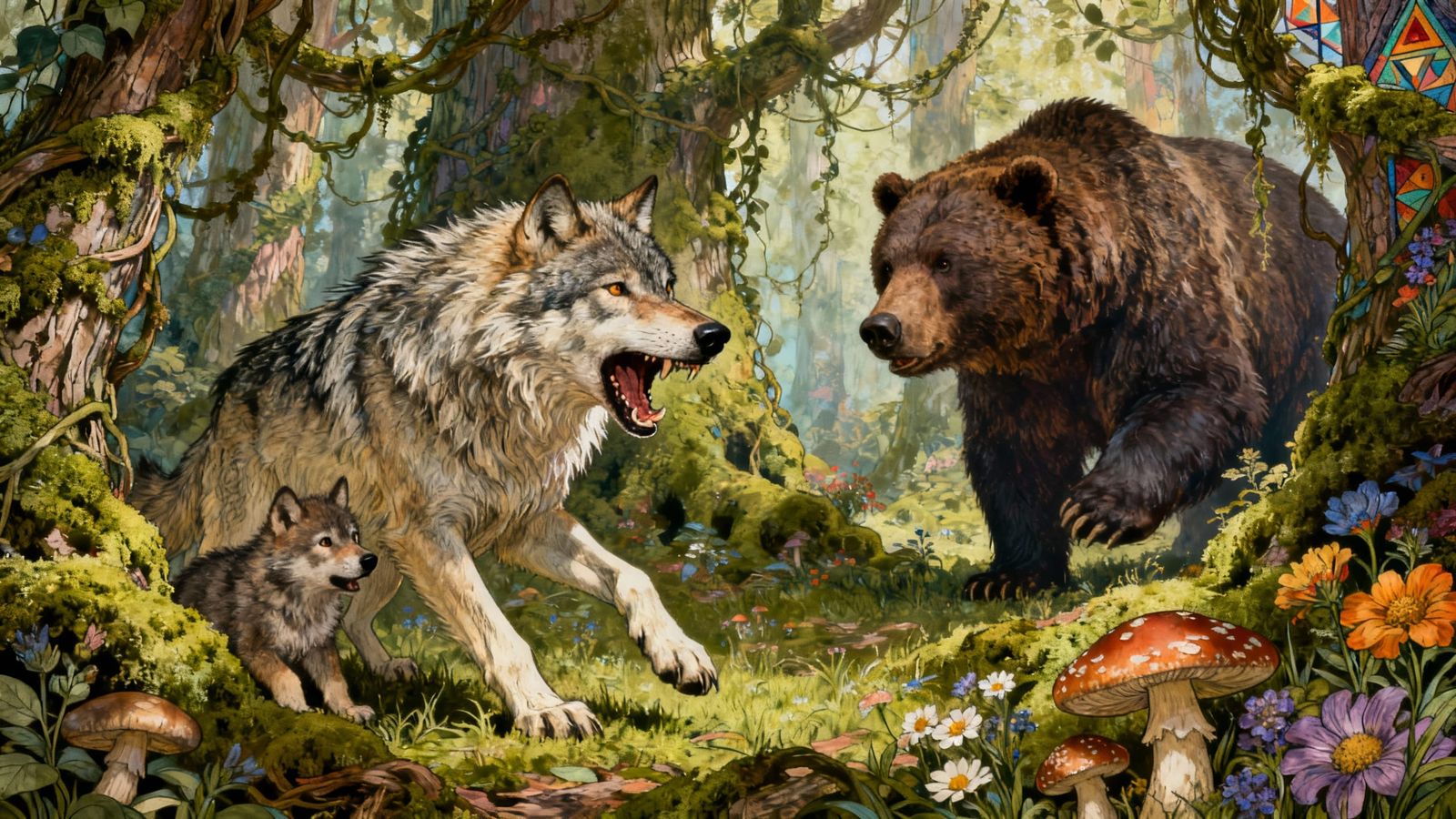 Wolf Protects Cub From Bear in Enchanted Forest