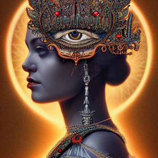 Goddess with Glowing Eyes: A Detailed Collage