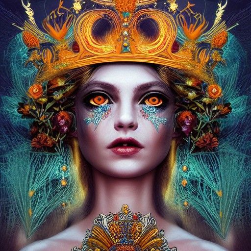 Ethereal Goddess with Radiant Crown in Vibrant Collage