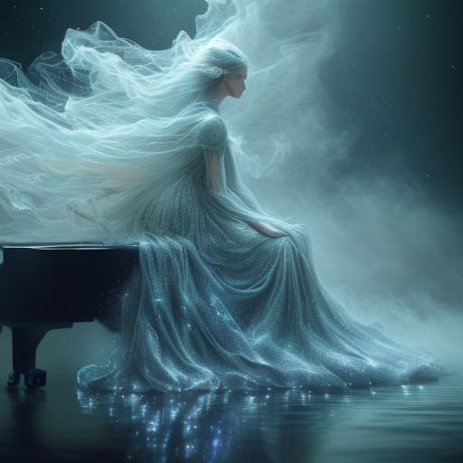 Elegant Woman Plays Crystalline Piano in Nebula