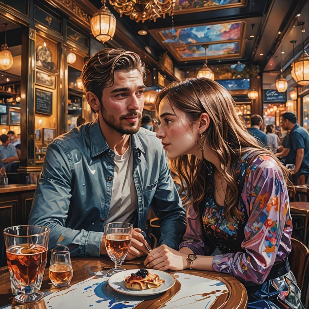 Hyperrealistic Cafe Date in Splash Art Style